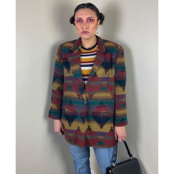UNITS Womens Vintage 80s Southwestern Aztec Boho Wool Blazer Jacket Size M - Picture 2 of 11